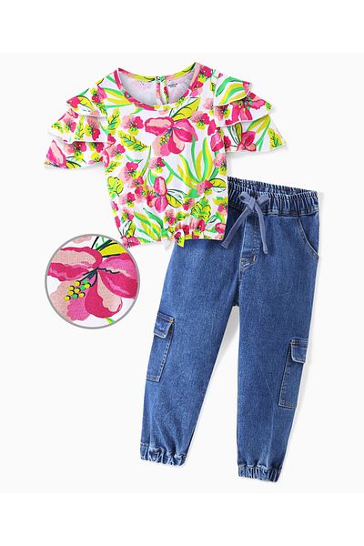 Ollington St. Ollington St. 100% Cotton Flared Sleeves Floral Top & Stretchable Denim Cargo Joggers-Multicolor