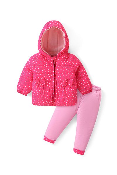 Babyhug Woven Full Sleeves Hooded Puffer Winter Wear Suit With Polka Dots Print - Pink