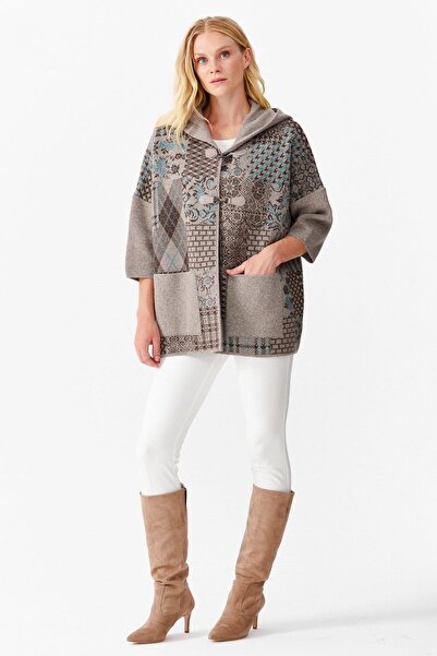 Desen Triko 22119 DESEN TRİKO KIRK YAMA KAZ AYAĞI 3 RENKLİ KAPUŞONLU PANÇO