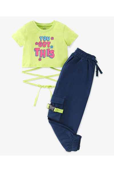 Ollington St. Ollington St. 100% Cotton Knit Half Sleeves Text Printed Top & Cargo Jogger Set - Green & Navy Blue