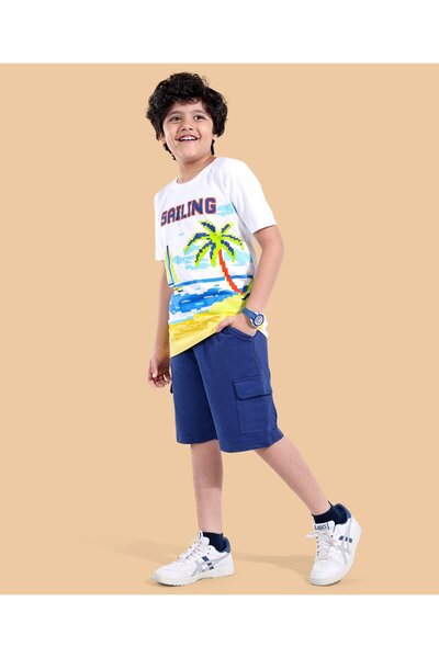 Ollington St. Ollington St. 100% Cotton Knit Half Sleeves T-Shirt & Shorts Set With Beach Print - White & Blue