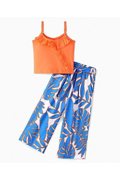 Ollington St. Ollington St. 100% Cotton Sleeveless Top with Frill & Tropical Printed Culottes Set - Orange & Blue