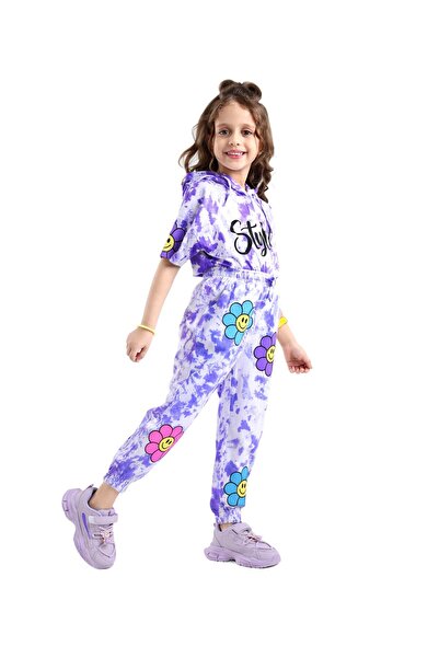 Ollington St. Ollington St. 100% Cotton Half Sleeves Tie Dyed Hooded Top & Jogger Pants/Co-ord Set -Purple & White