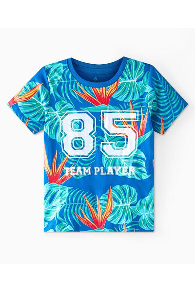 Ollington St. Ollington St. 100% Cotton Knit Half Sleeves Number & Leaf Printed T-Shirt & Shorts Set - Blue