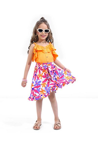Ollington St. Ollington St. 100% Cotton Sleeveless Ruffled Top & Floral Printed Flared Skirt - Multicolor