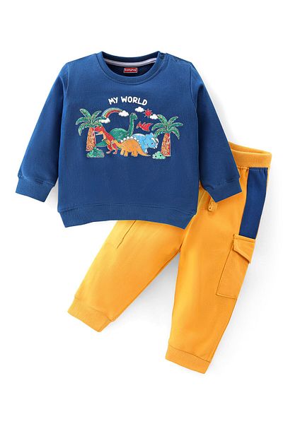 Babyhug Cotton Knit Full Sleeves T-Shirt & Lounge Pant Set Dino Print - Blue & Yellow