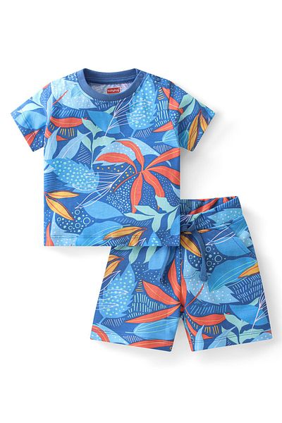Babyhug Single Jersey Knit Half Sleeves T-Shirt & Shorts Set Leaf Print – Blue