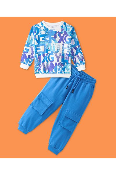 Ollington St. Ollington St.-100% Cotton Knit Full Sleeves Text Printed Sweatshirt & Jogger Pants Set-Blue & White