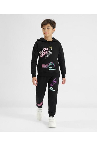 Primo Gino 100% Cotton French Terry Full Sleeves Skates Graphic Hoodie & Jogger/Co-ord Set - Black