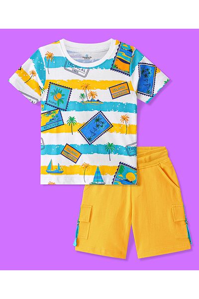 Ollington St. Ollington St. 100% Cotton Knit Half Sleeves Striped T-Shirt & Shorts Set Stamp  - Blue/White/Yellow