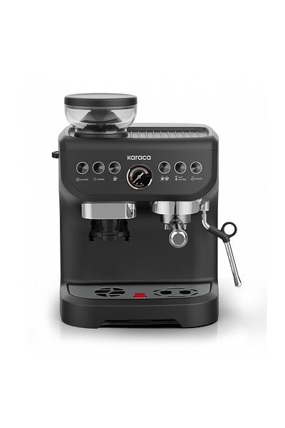 Karaca Coffee Art with Barista Grinder - Espresso with Milk Frother, Latte, Cappuccino, Americano - Black