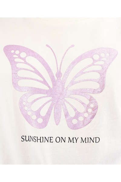 Primo Gino Cotton Elastane Drop Shoulder Foil Print Butterfly T-Shirt with Striped Skirt - Off White