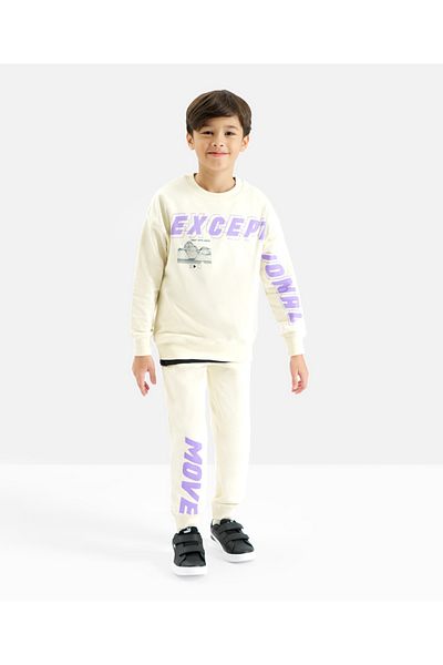 Primo Gino 100% Cotton Knit Full Sleeves Sweatshirt & Joggers/Co-ord Set With Text Print - White