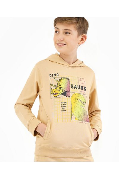 Primo Gino Cotton Full Sleeves Winter Wear Suit & Hoodie Text With Dino Print - Beige