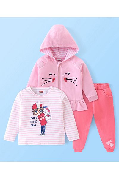 Babyhug 100% Cotton Full Sleeves T-Shirt & Hooded Top With Lounge Pants Stripes & Kitty Print- Pink