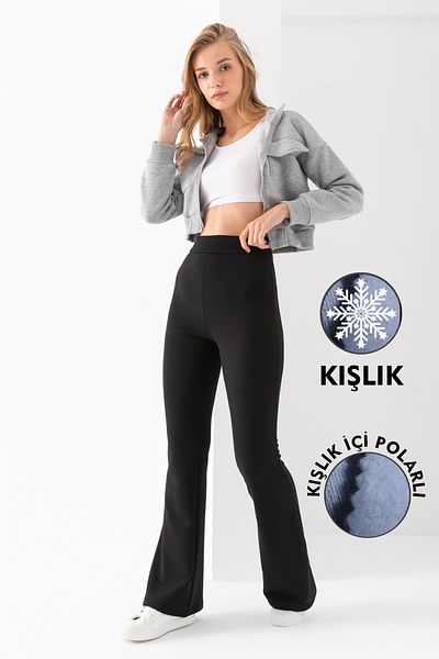 LEBRA Pantaloni de damă, negri, de iarnă, cu fleece în interior, cu talie înaltă, din lycra