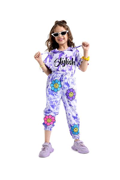 Ollington St. Ollington St. 100% Cotton Half Sleeves Tie Dyed Hooded Top & Jogger Pants/Co-ord Set -Purple & White