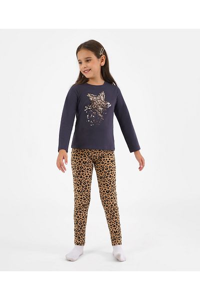 Primo Gino 100% Cotton Full Sleeves T-Shirt & Leggings With Sequin Detailing & Leopard Print - Grey