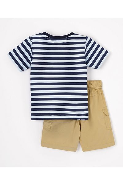 Babyhug Cotton Half Sleeves Striped T-Shirt And Shorts - Blue Beige