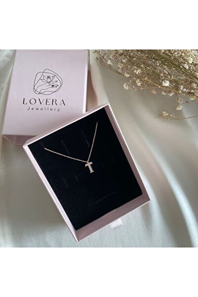 Lovera Jewellery 925 Ayar Gümüş Rose T Harfli Kolye | Kadın Zarif Hediyelik Takı Şık Doğum Günü Hediyesi