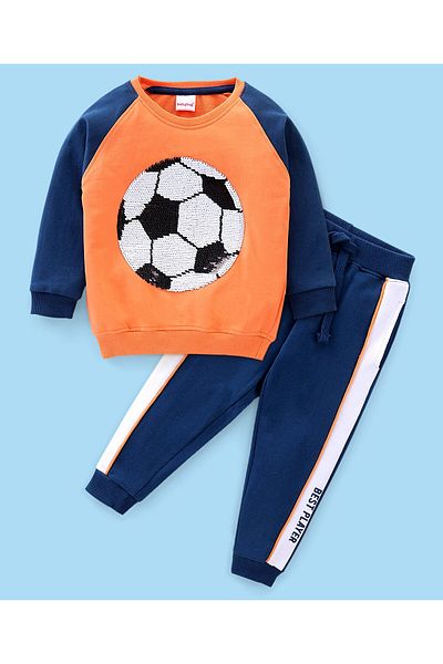 Babyhug 100% Cotton Raglan Full Sleeves T-Shirt & Lounge Pant Sequin Football Detaili- Orange & Blue