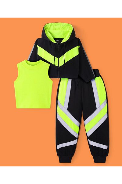 Ollington St. Ollington St. Cotton Knit Full Sleeves Hoodie With Inner Rib Top & Joggers Set - Neon Green & Black