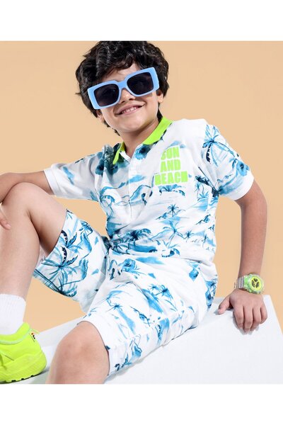 Ollington St. Ollington St. 100% Cotton Knit Half Sleeves Polo T-Shirt & Shorts/Co-ord Set Tropical Print – White