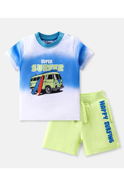 Babyhug 100% Cotton Single Jersey Knit Half Sleeves T-Shirt & Shorts Set Surfboard  - White & Green