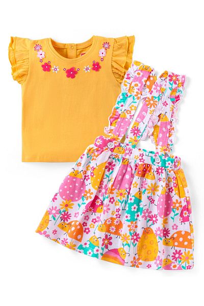 Babyhug Cotton Knit Flutter Sleeves Top & Skirt Set With Floral Print - Multicolor