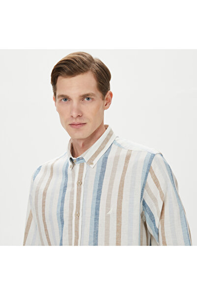 Nautica Erkek Mavi Classic Fit Uzun Kollu Çizgili Gömlek