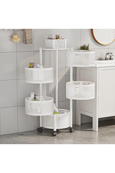 ALMUFARREJ سلة تنظيم الحمام، 5 طبقات، دائرية مع عجلات، بيضاء