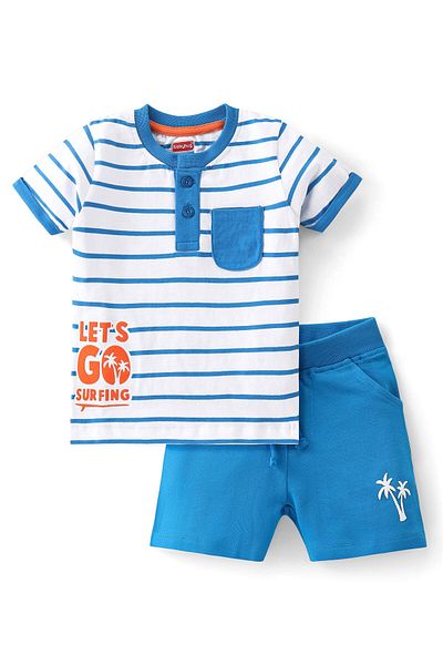 Babyhug Cotton Knit Half Sleeves Striped T-Shirt & Shorts Set With Text Print - Blue