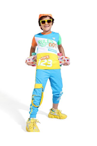 Ollington St. Ollington St. 100% Cotton Knit Half Sleeves T-Shirt & Jogger Set with Text Print – Multicolor