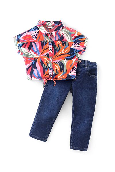 Babyhug Rayon Woven Half Sleeves Tropical Printed Top & Denim Jeans Set - Multicolor