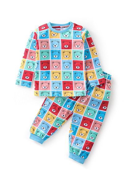 Babyhug بدلة نوم بأكمام كاملة من القطن بطبعة دب - متعدد الألوان