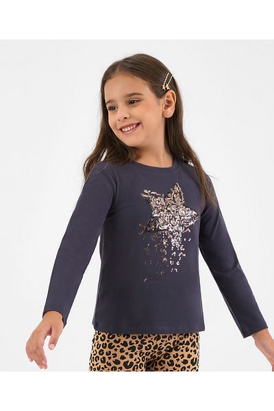Primo Gino 100% Cotton Full Sleeves T-Shirt & Leggings With Sequin Detailing & Leopard Print - Grey