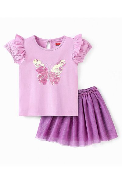 Babyhug Half Sleeves Sequins Top & Skirt - Lilac