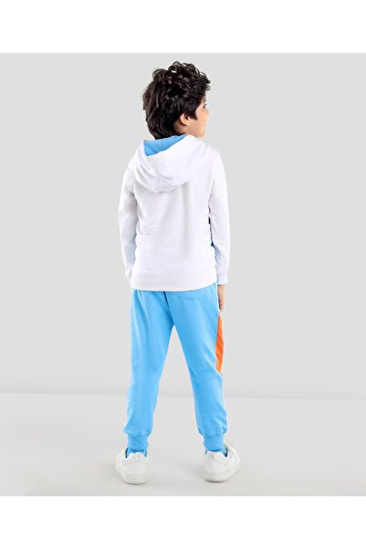 Ollington St. Ollington St. 100% Cotton Knit Full Sleeves Hooded Sweatshirt & Joggers Set Text Print-White & Blue