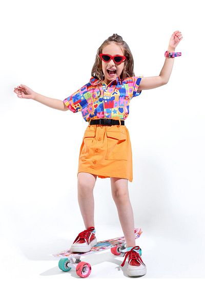 Ollington St. Ollington St. 100% Cotton Half Sleeves Shirt & Skirt Front Pockets Heart-Multicolor & Orange