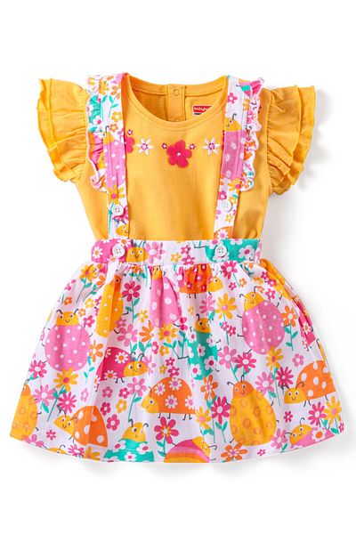 Babyhug Cotton Knit Flutter Sleeves Top & Skirt Set With Floral Print - Multicolor