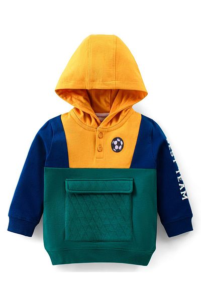 Babyhug 100% Cotton Knit Full Sleeves Colour Block Hoodie & Lounge Pants Set - Green