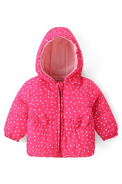 Babyhug Woven Full Sleeves Hooded Puffer Winter Wear Suit With Polka Dots Print - Pink