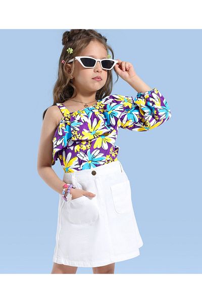 Ollington St. Ollington St. Cotton Knit Floral Printed One-Shoulder Top &  Twill Skirt Set With Pockets-Multicolor