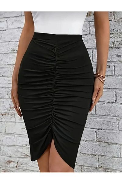 MAROVOAY Lycra Pencil Skirt with Gathered Front