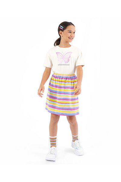 Primo Gino Cotton Elastane Drop Shoulder Foil Print Butterfly T-Shirt with Striped Skirt - Off White