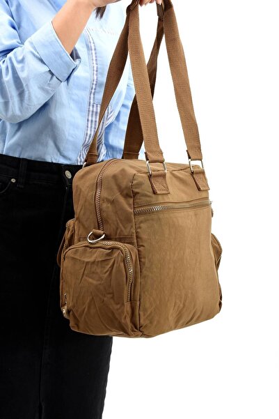 DUOMİNO Women's Waterproof Shoulder Bag - Tan Crinkle Clinker Strap Handbag