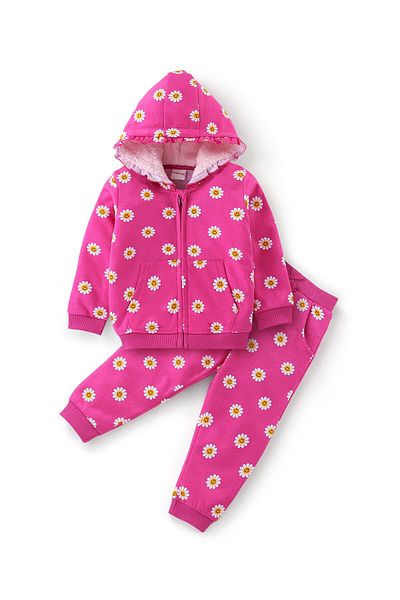Babyhug 100% Cotton Knit Full Sleeves Hooded T-Shirt and Lounge Pants/Co-ord Set Floral  - Fuchsia