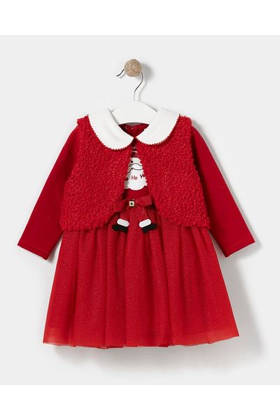 Magu Girls' New Year's New Year's Christmas Cotton Dress with Vest