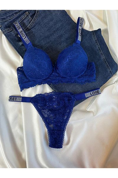 Beyaz Gelincik Underwear Set de sutien cu împingere în sus, cu sârmă, cu sârmă, cu dantelă albastră, set de lenjerie intimă