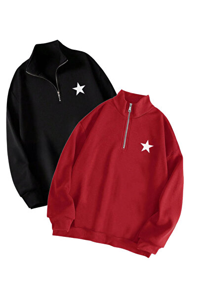 MODARİCH 2-компонентна блуза с половин цип и звезден мотив - червена и черна ...